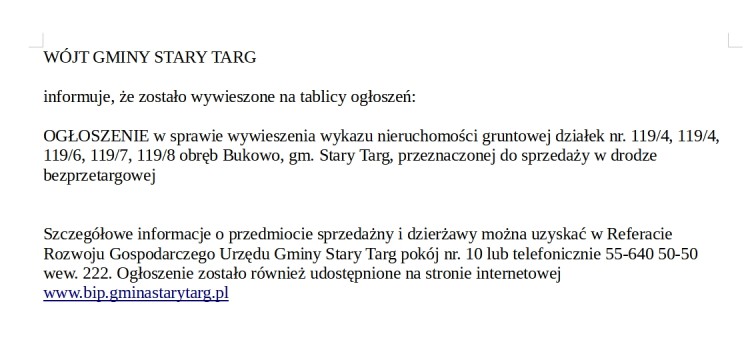 OGŁOSZENIE w sprawie wywieszenia wykazu nieruchomości gruntowej działek…