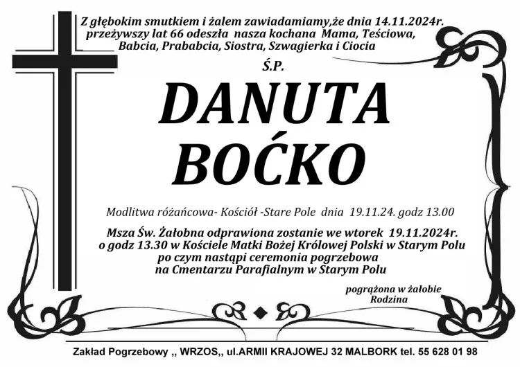 Zmarła Danuta Boćko. Żyła 66 lat.