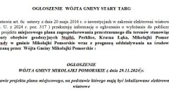 OGŁOSZENIE WÓJTA GMINY MIKOŁAJKI POMORSKIE z dnia 29.11.2024 r.  w sprawie projektu planu miejscowego, na podstawie którego mają być lokalizowane elektrownie wiatrowe