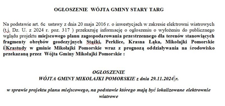 OGŁOSZENIE WÓJTA GMINY MIKOŁAJKI POMORSKIE z dnia 29.11.2024 r. w sprawie…