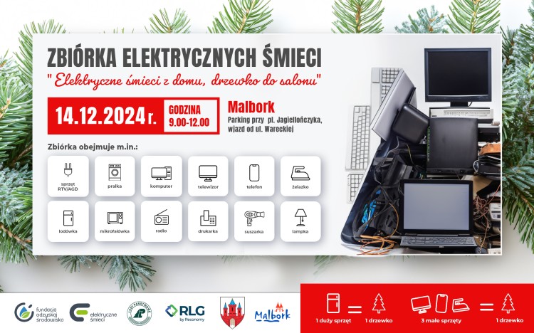 Malbork. Elektryczne śmieci z domu, świąteczna choinka do salonu.