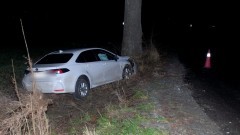 Powiat nowodworski. Osobówka uderzyła w drzewo w Wiśniówce – pasażerka w szpitalu, kierowca w areszcie.
