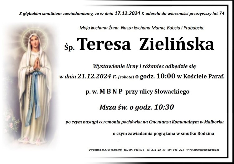 Zmarła Teresa Zielińska. Miała 74 lata.