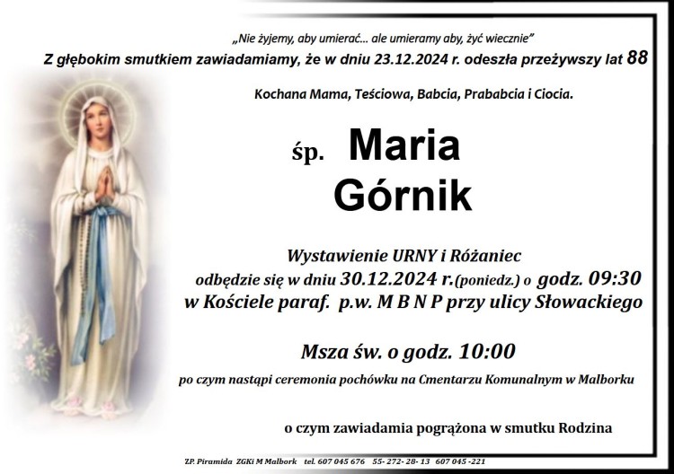 Zmarła Maria Górnik. Żyła 88 lat.