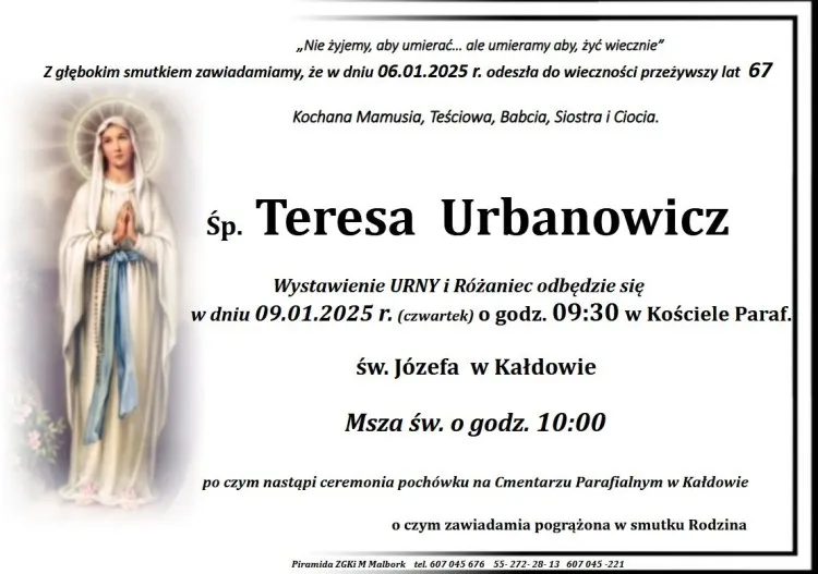 Zmarła Teresa Urbanowicz. Miała 67 lat.