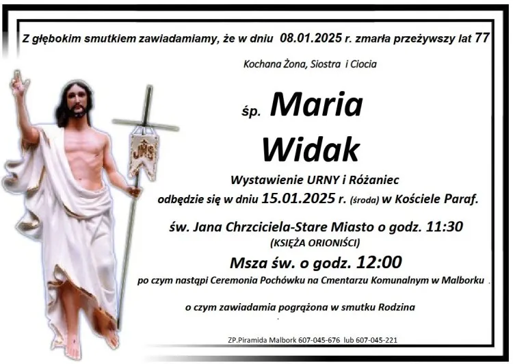 Zmarła Maria Widak. Żyła 77 lat.