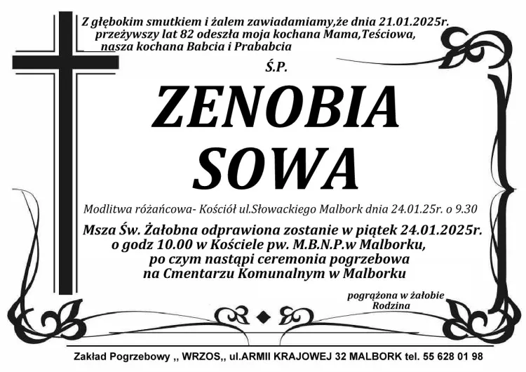 Zmarła Zenobia Sowa. Żyła 82 lata.