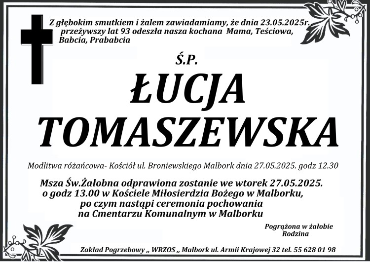 Zmarła Łucja Tomaszewska. Miała 93 lata.