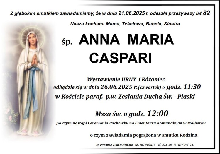 Zmarła Anna Maria Caspari. Żyła 82 lata.