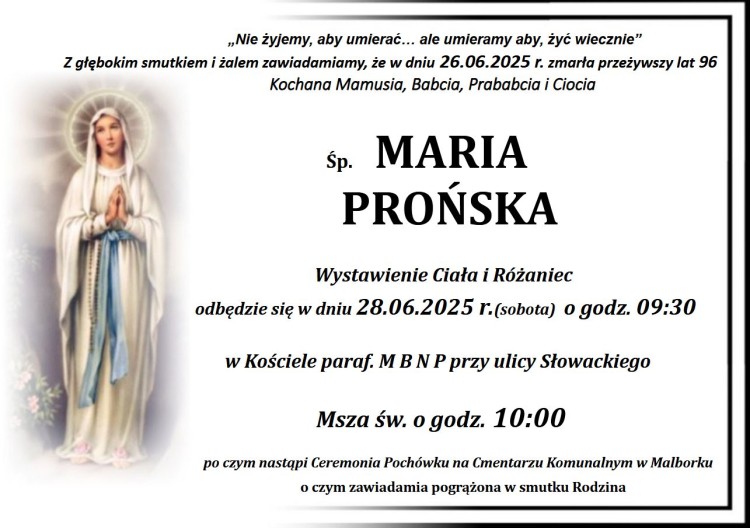 Zmarła Maria Prońska. Miała 96 lat.