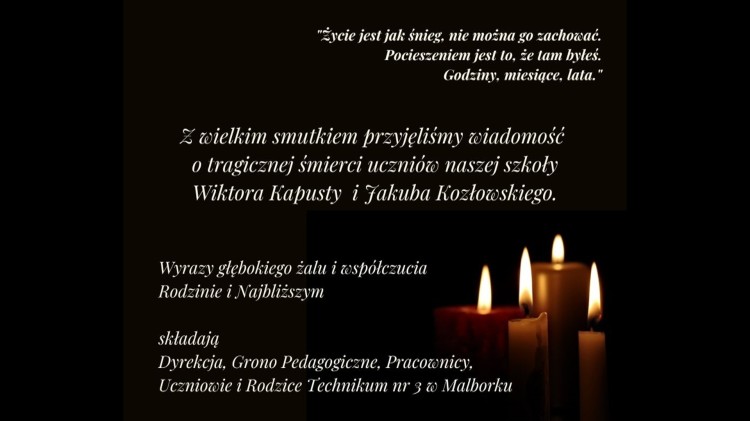 Kondolencje Dyrekcji, Grona Pedagogicznego, Pracowników, Uczniów i Rodziców Technikum nr 3 w Malborku.