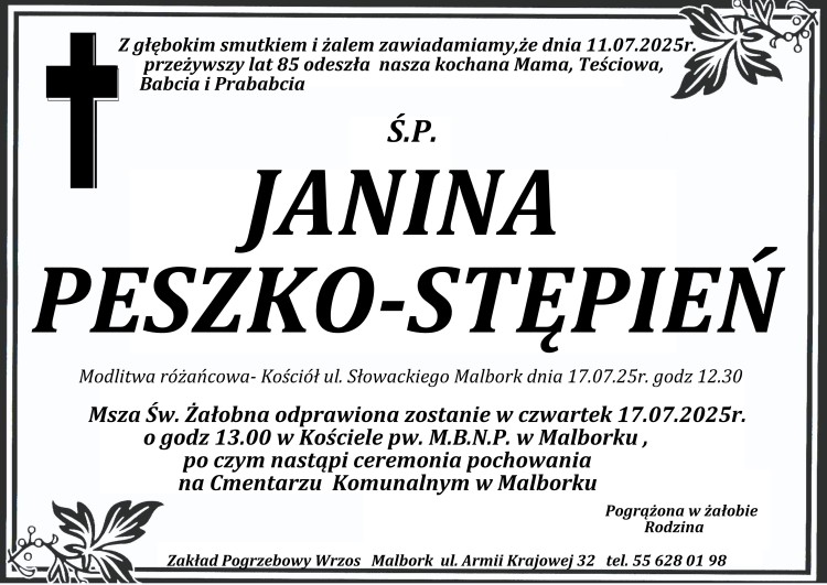 Zmarła Janina Peszko - Stępień. Miała 85 lat.