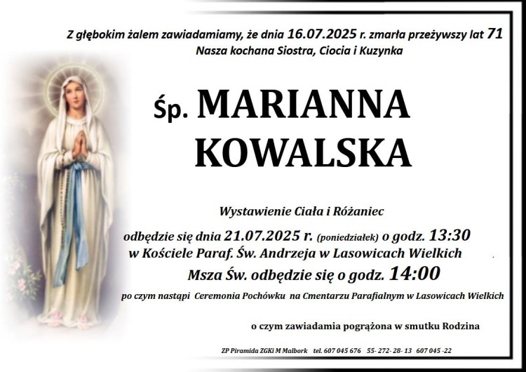 Zmarła Marianna Kowalska. Żyła 71 lat.