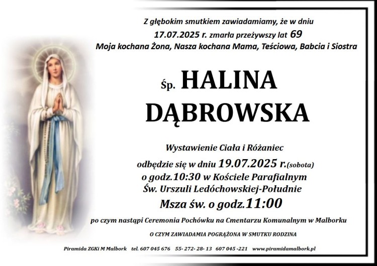 Zmarła Halina Dąbrowska. Miała 69 lat.