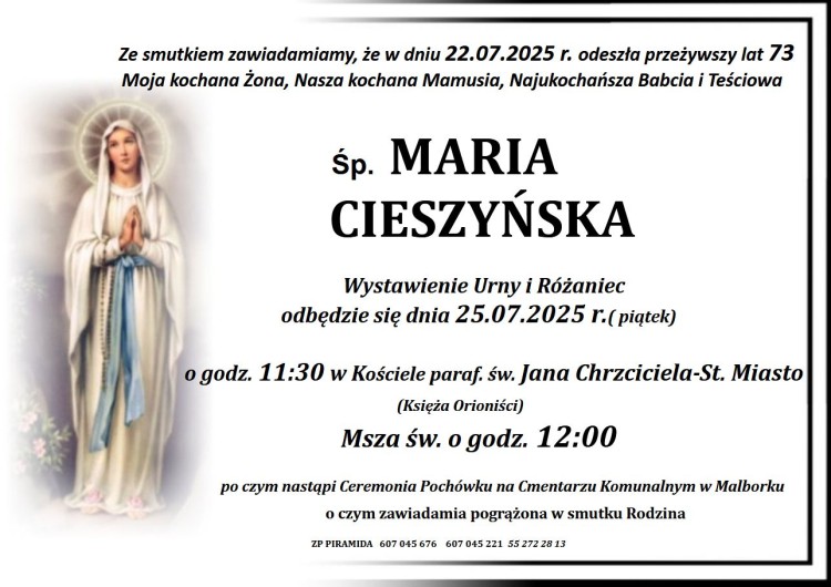 Zmarła Maria Cieszyńska. Miała 73 lata.