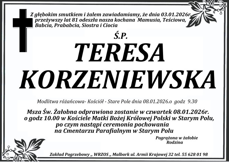 Zmarła Teresa Korzeniewska. Żyła 81 lat.