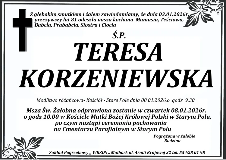 Zmarła Teresa Korzeniewska. Żyła 81 lat.