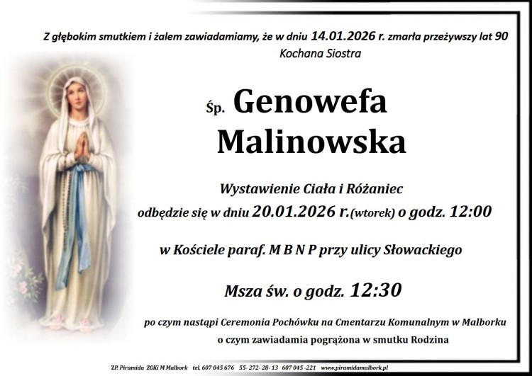 Zmarła Genowefa Malinowska. Miała 90 lat.