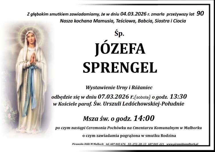 Zmarła Józefa Sprengel. Żyła 90 lat.
