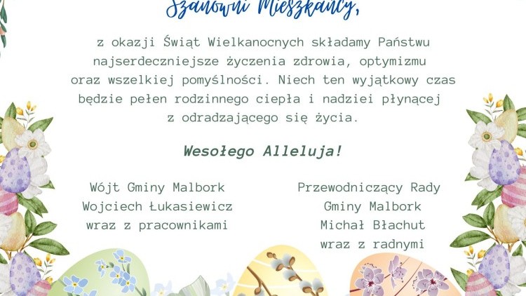 Wielkanocne życzenia włodarzy Gminy Malbork.