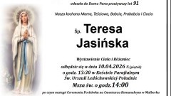 Zmarła Teresa Jasińska. Żyła 91 lat.
