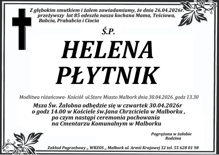 Zmarła Helena Płytnik. Miała 85 lat.