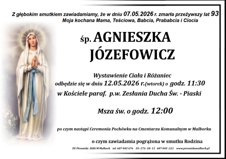 Zmarła Agnieszka Józefowicz. Miała 93 lata.