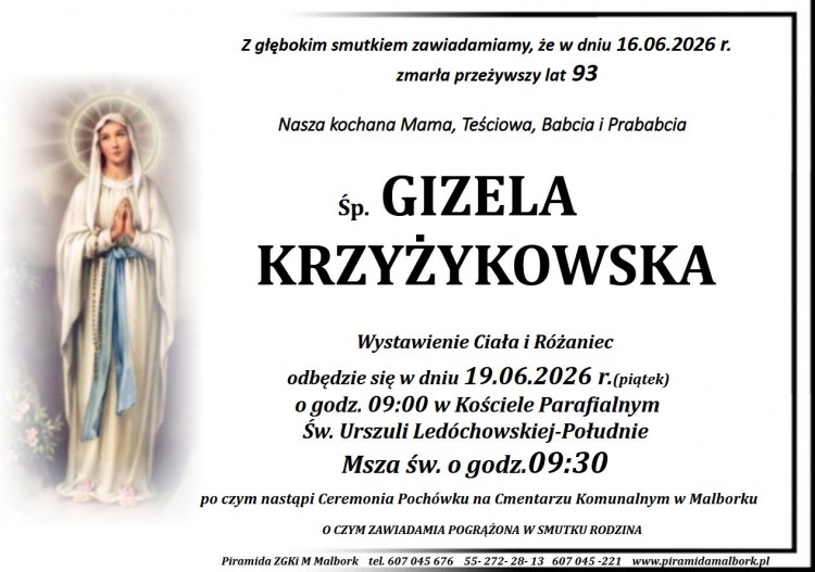 Zmarła Gizela Krzyżykowska. Miała 93 lata.