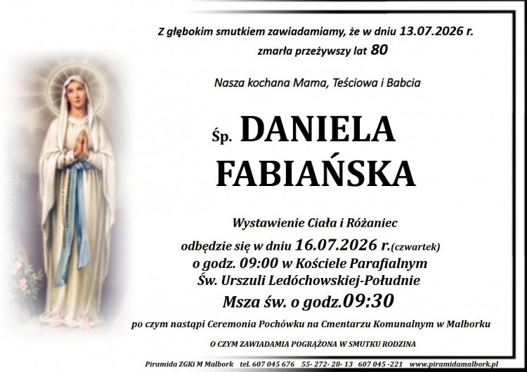 Zmarła Daniela Fabiańska. Miała 80 lat.