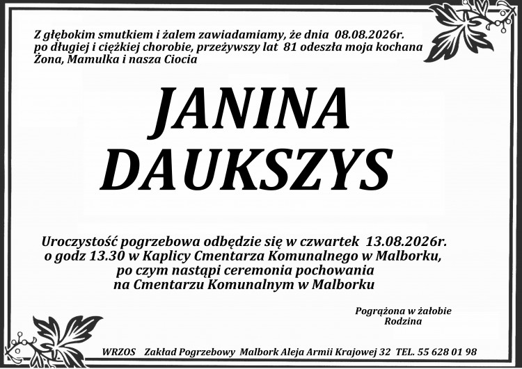 Zmarła Janina Daukszys. Miała 81 lat.