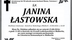 Zmarła Janina Łastowska. Miała 90 lat.