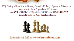 Już w grudniu zapraszamy na XVI Ogólnopolski Turniej Szachowy Pamięci Mirosława Gardzielewskiego w Miłoradzu - 03.12.2016
