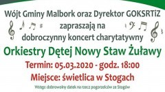Koncert Orkiestry Dętej z Nowego Stawu na rzecz pogorzelców ze Stogów. Szczegóły na plakacie.