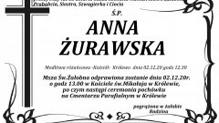 Zmarła Anna Żurawska. Żyła 83 lata.