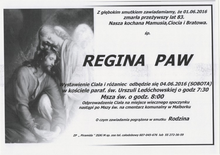 Zmarła Regina Paw. Żyła 83 lata.