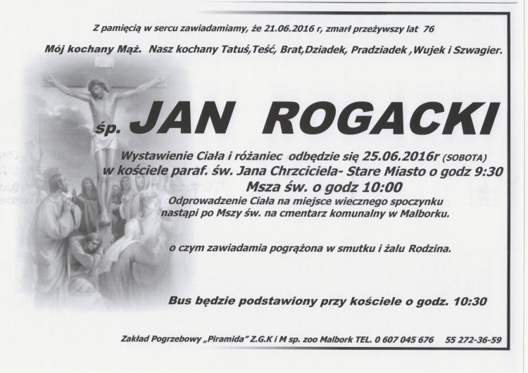 Zmarł Jan Rogacki. Żył 76 lat.