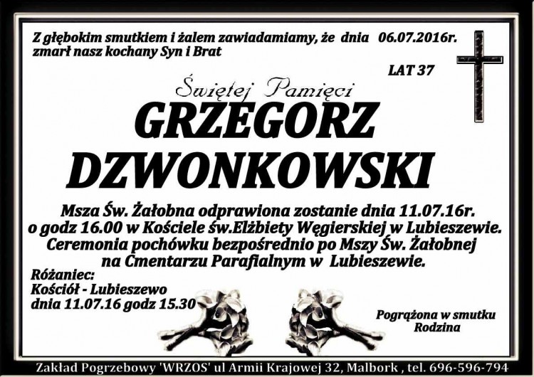 Zmarł Grzegorz Dzwonkowski. Żył 37 lat.