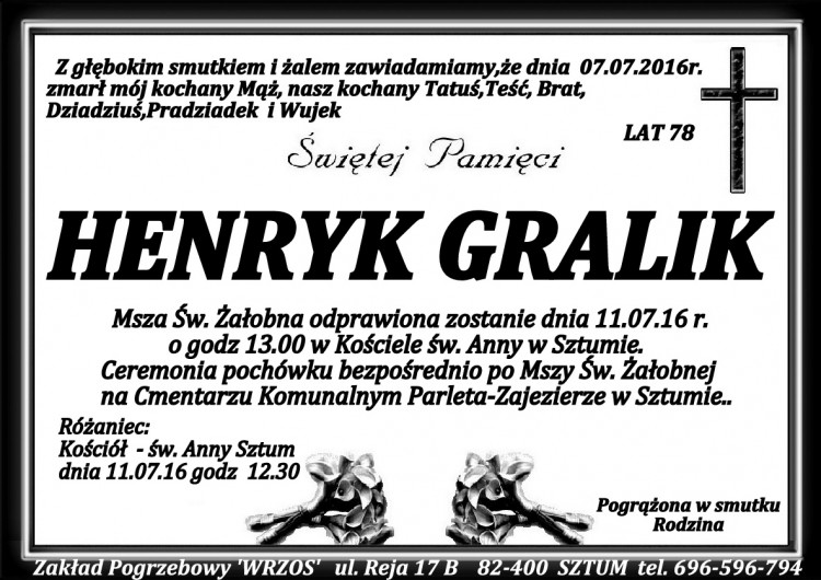 Zmarł Henryk Gralik. Żył 78 lat.