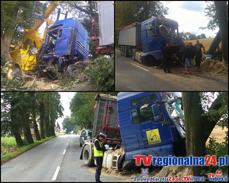 Ciężarówka uderzyła w cztery drzewa na DW 515 w Dąbrówce Malborskiej.&#8230;