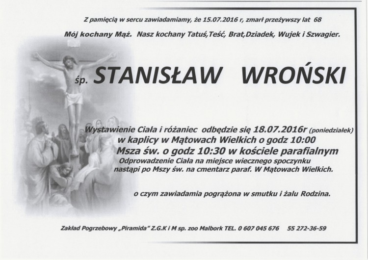 Zmarł Stanisław Wroński. Żył 68 lat