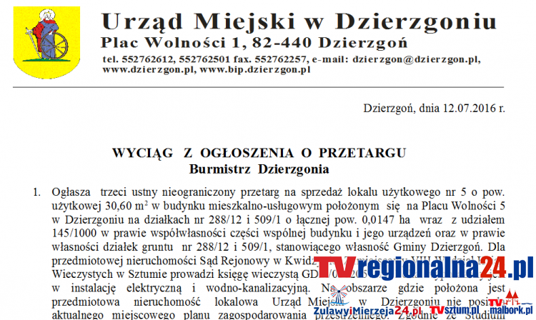 Wyciąg z ogłoszenia o przetargu na zakup nieruchomości na Placu Wolności&#8230;