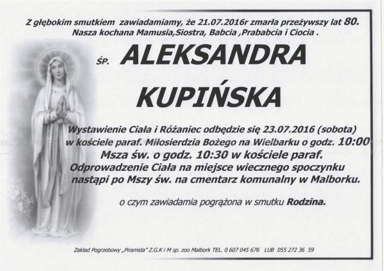 Zmarła Aleksandra Kupińska. Żyła 80 lat.