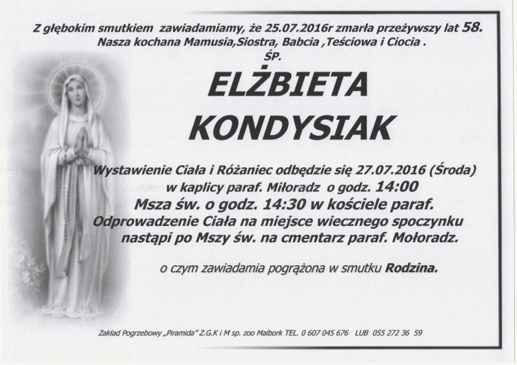 Zmarła Elżbieta Kondysiak. Żyła 58 lat