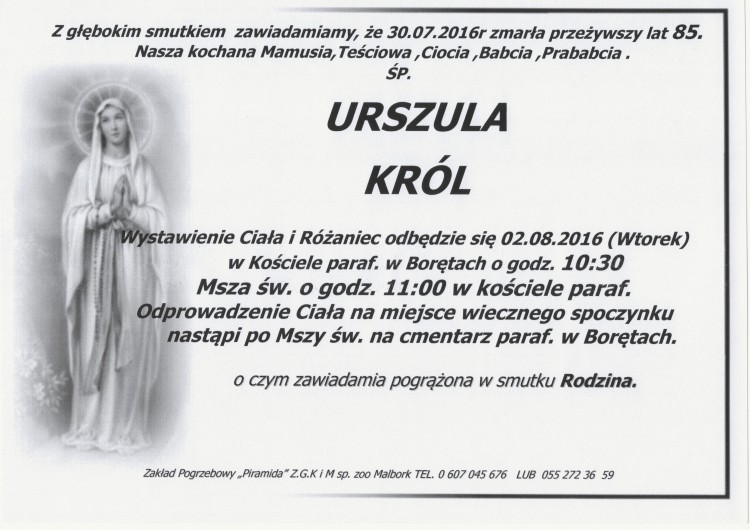 Zmarła Urszula Król. Żyła 85 lat.