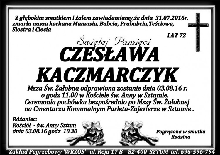 Zmarła Czesława Kaczmarczyk. Żyła 72 lata 