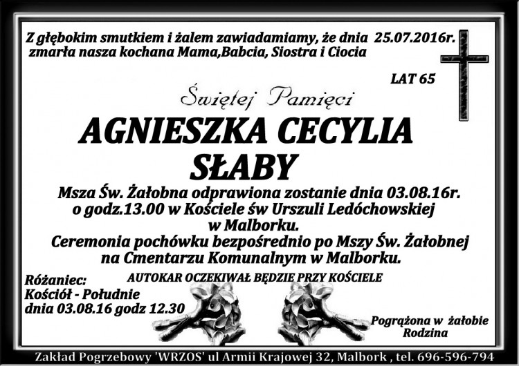 Zmarła Agnieszka Cecylia Słaby. Żyła 65 lat.