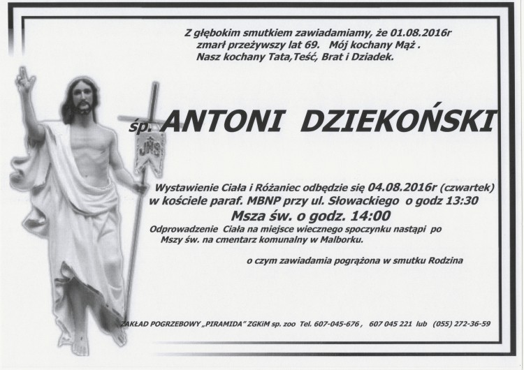 Zmarł Antoni Dziekoński. Żył 69 lat.