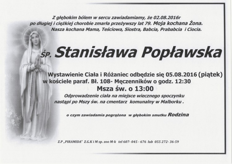 Zmarła Stanisława Popławska. Żyła 79 lat.