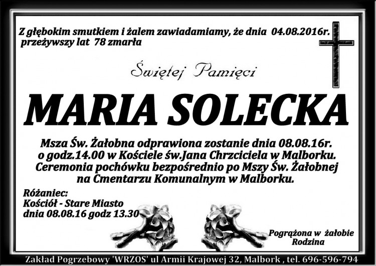 Zmarła Maria Solecka. Żyła 78 lat.