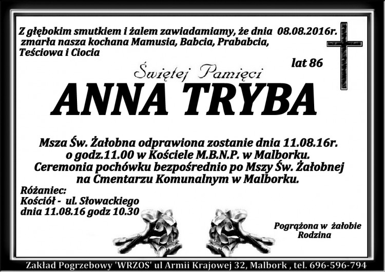 Zmarła Anna Tryba. Żyła 86 lat